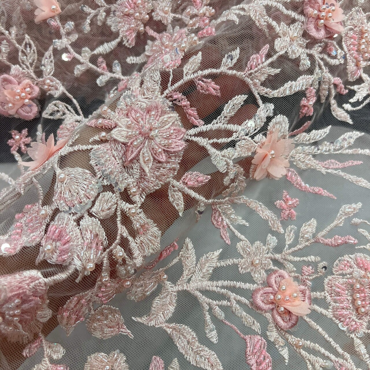 Beaded 3D Floral Lace Fabric with Rhinestones 51" Wide Embroidered Bridal & Evening Dress Lace